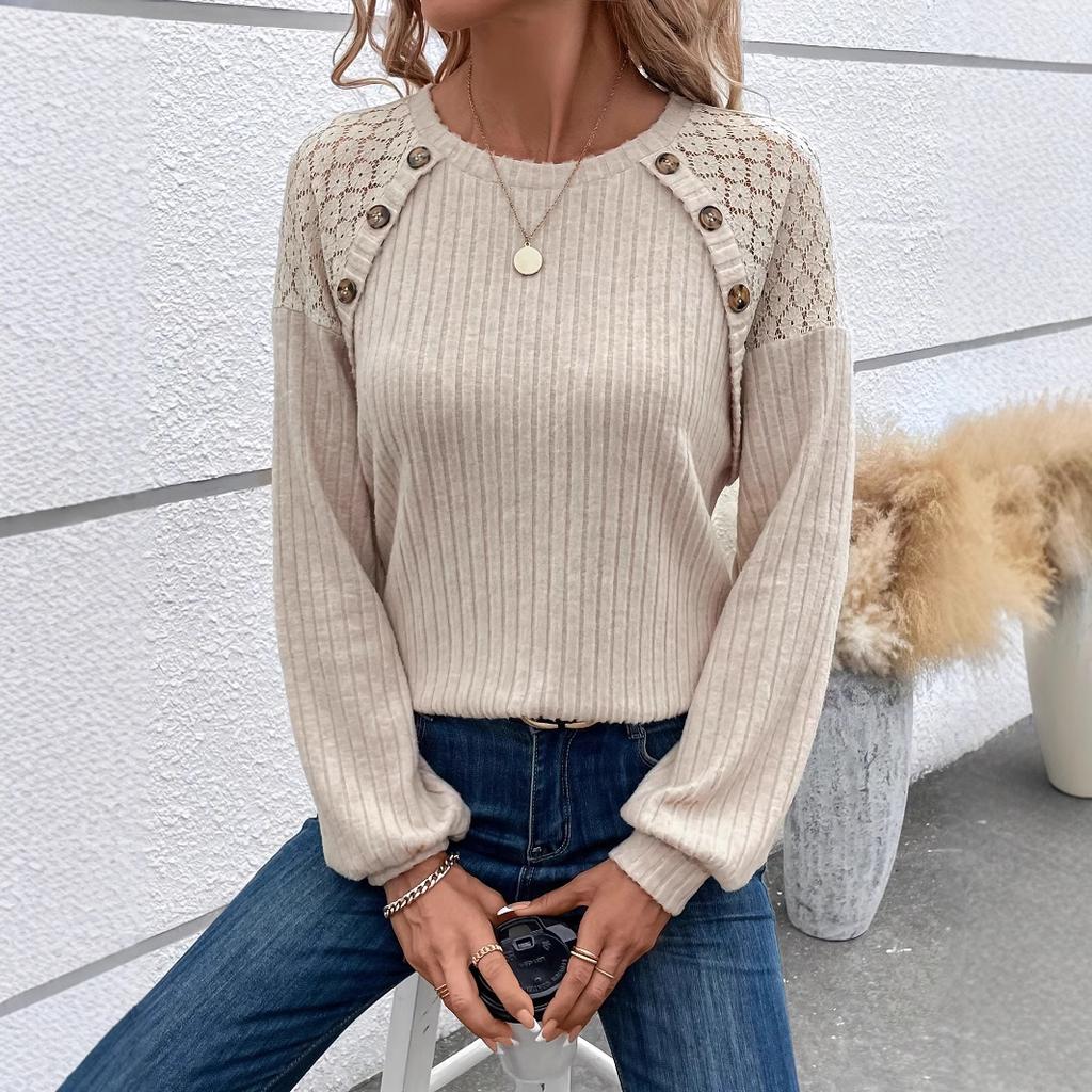 Autumn and Winter New Collection, Lace Patchwork, Raglan Sleeves, T-shirt, Women's, Fashionable and Versatile, Round Neck, Autumn and Winter Interior