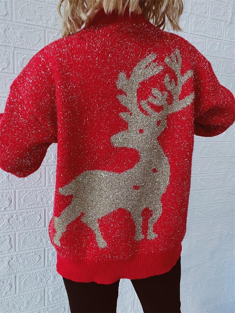 Autumn and Winter New Christmas Sweater Women's Pullover Gold Thread Pulled Hair Jacquard Large Snowflake Elk Christmas Sweater Woman