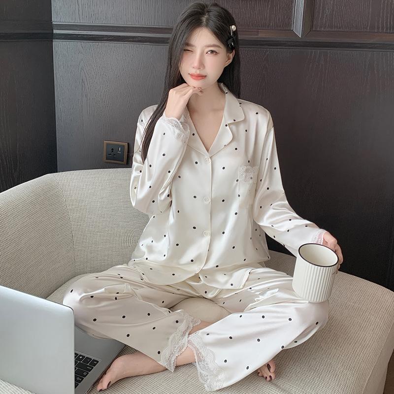 Ice Silk Thin Style Women'S Long-Sleeved Pajamas Spring And Autumn Cartoon Brown Puppy Polka Dot Print Loungewear