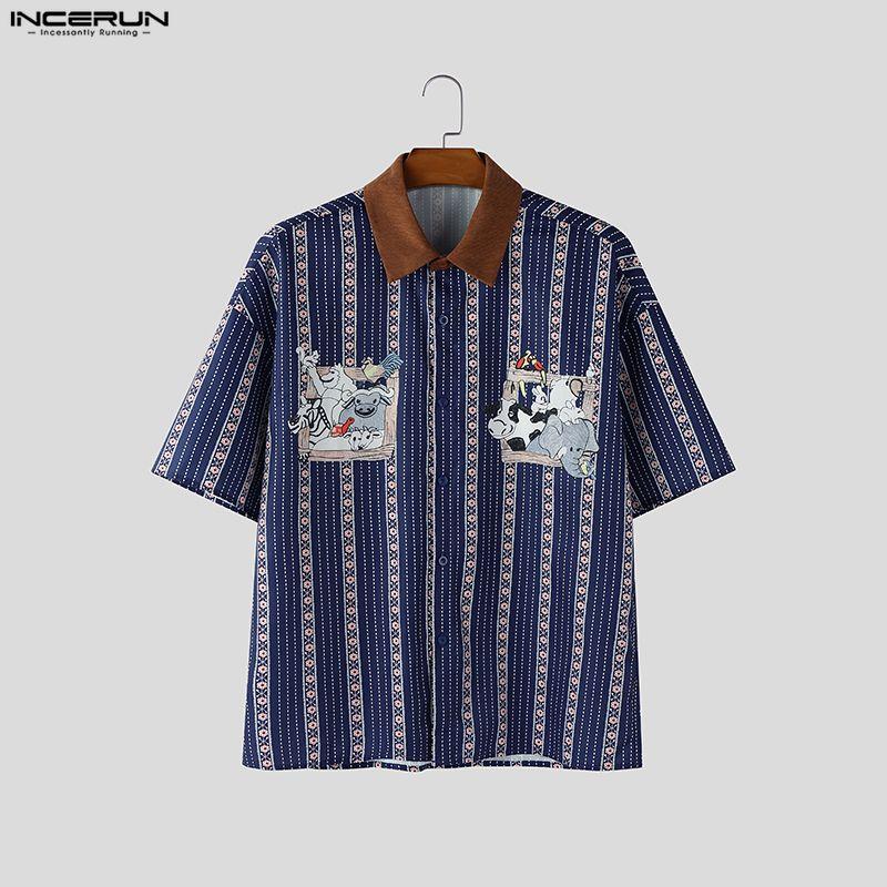 INCERUN Summer Men Lapel Neck Short Sleeve Patchwork Striped Casual Shirts Tops
