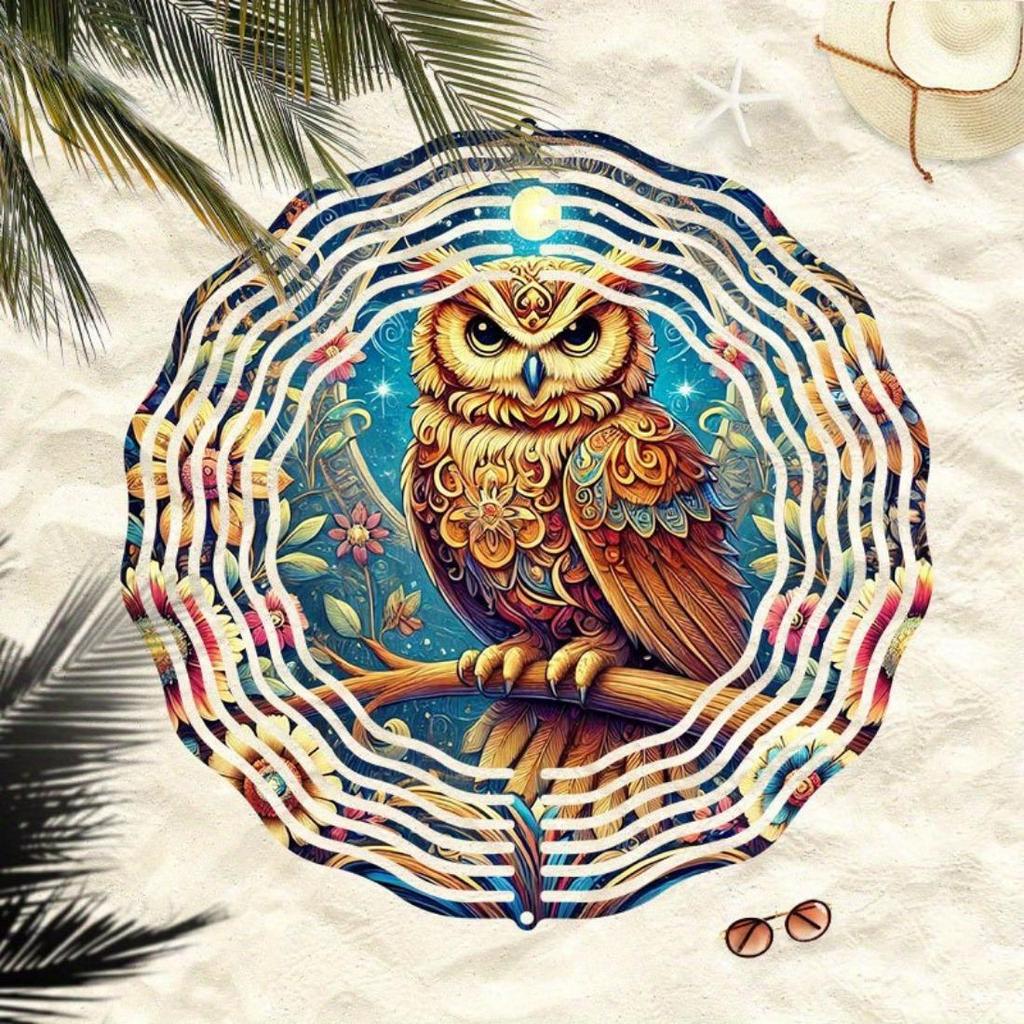 1pc Metal Mandala Wind Chime with Owl & Floral Night Design - All-Season Outdoor/Indoor Hanging Decor for Gardenift