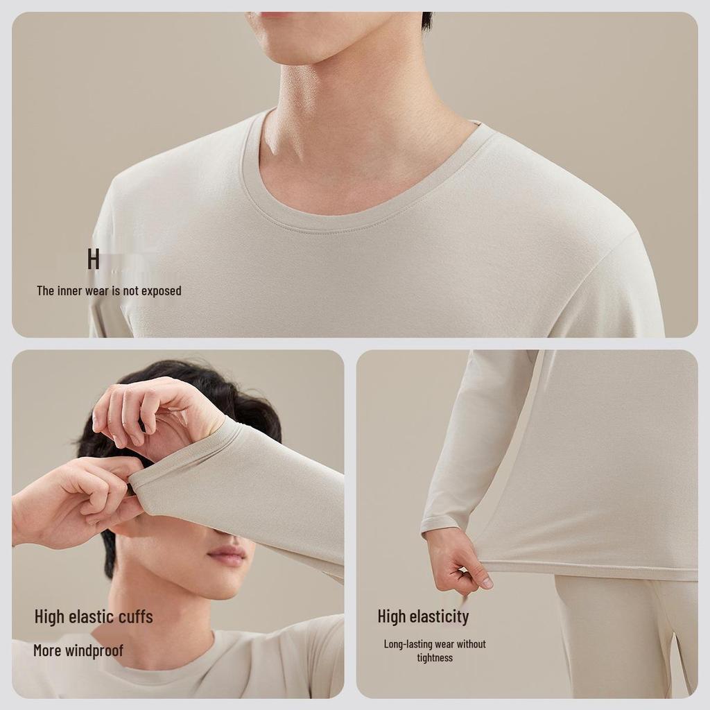 Men's Brushed Thermal Cotton Modal Crew Neck Underwear Set - Winter Thin Warm Set