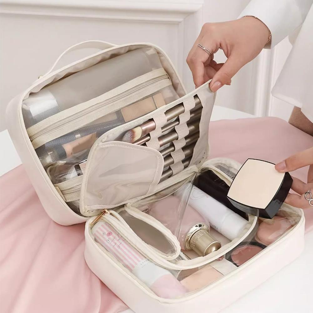 Multi-Compartment Travel Makeup Bag Portable PU Leather Large Wash Bag Large Capacity Make Up Storage Bag Outdoor Makeup Bag