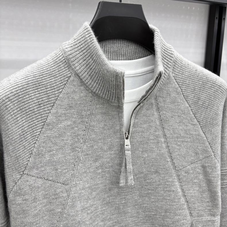 Men's Retro Jacquard Half-Zip Knit Sweater - Casual Solid Color Warm Base Layer