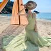 Green Vacation Neck Halter Dress Women's Spring and Summer Sleeveless Collar Slim Sexy Beautiful Good-looking Word Dress