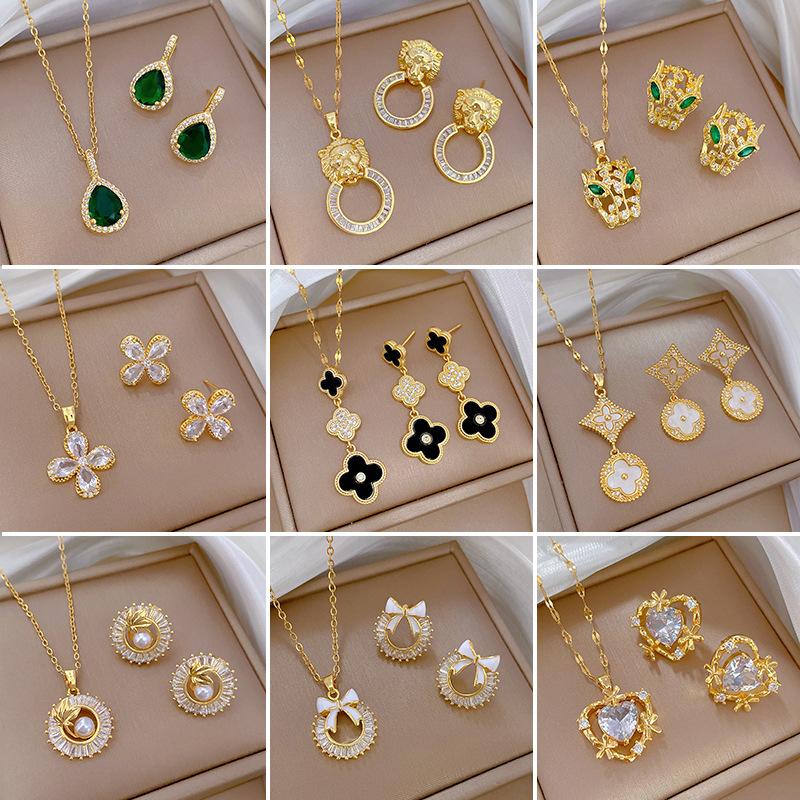 Full of Zirconium Exquisite Wind Copper Micro-inlaid Earrings Necklace Set Combination
