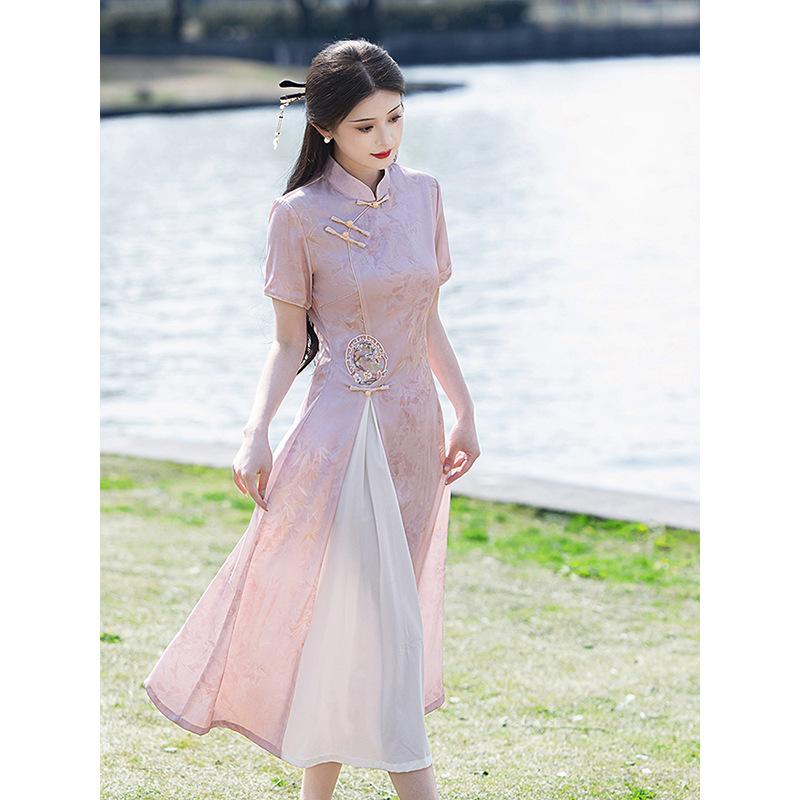 Pink Aodai cheongsam 1011 new college entrance examination cheongsam women's summer new Chinese daily engagement dress dress