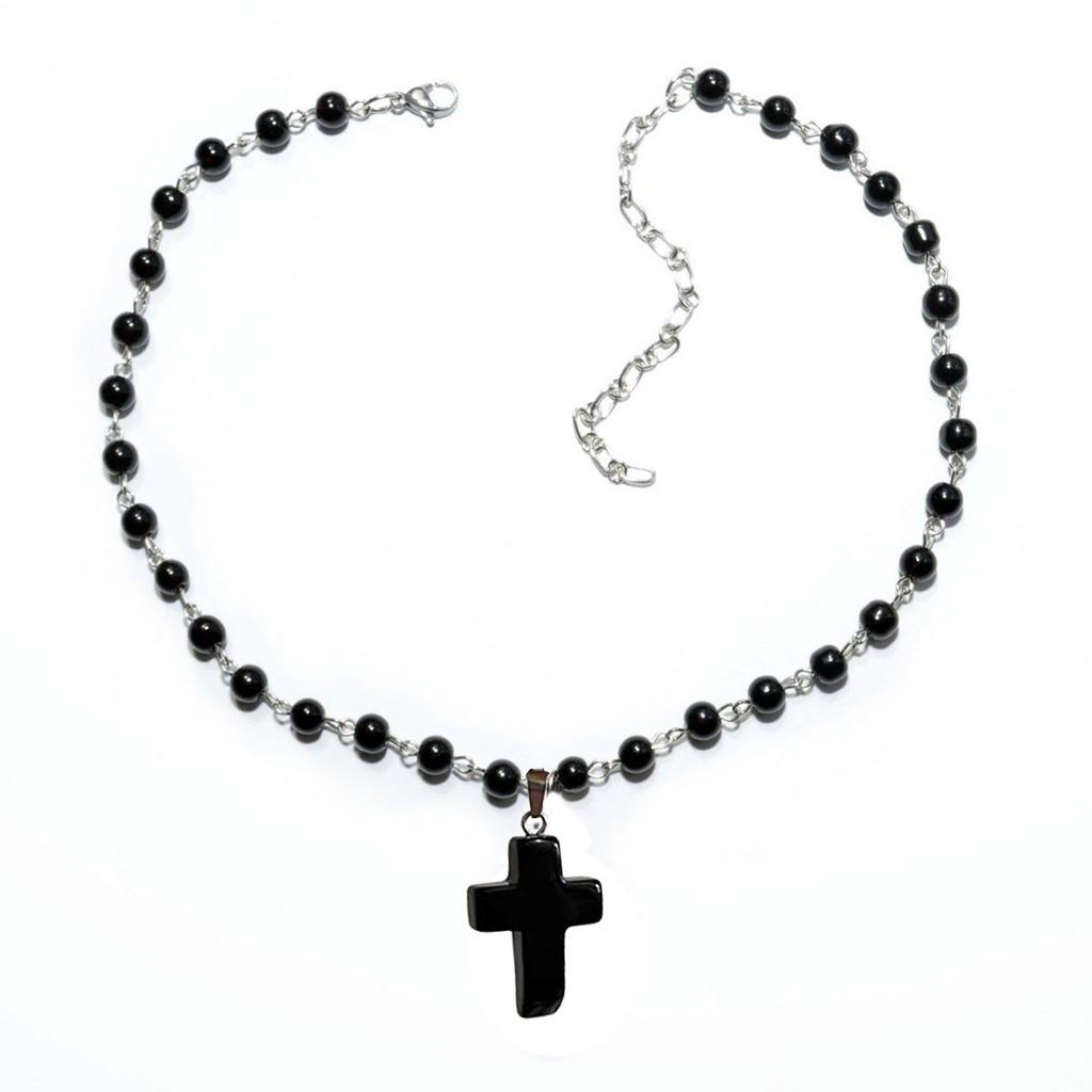 Gothic Pearl Beaded Choker Cross Pendant Necklace Punk Crucifix Neckchain Religious Clavicle Chain Party Accessory