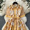 Vintage Red Baroque Print Shirt Dress Women Turn Down Neck Short Sleeve Button Front Belted High Waist Party Vacation Midi Dress