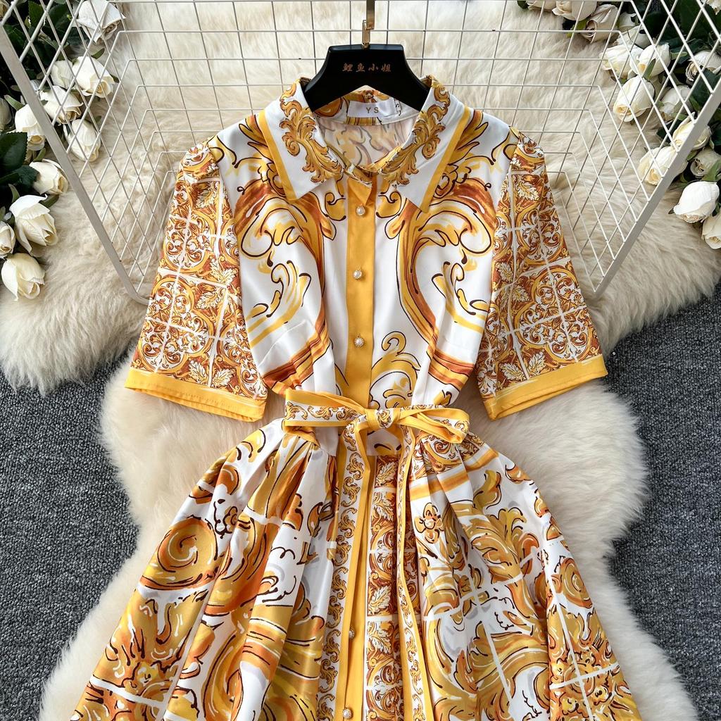 Vintage Red Baroque Print Shirt Dress Women Turn Down Neck Short Sleeve Button Front Belted High Waist Party Vacation Midi Dress