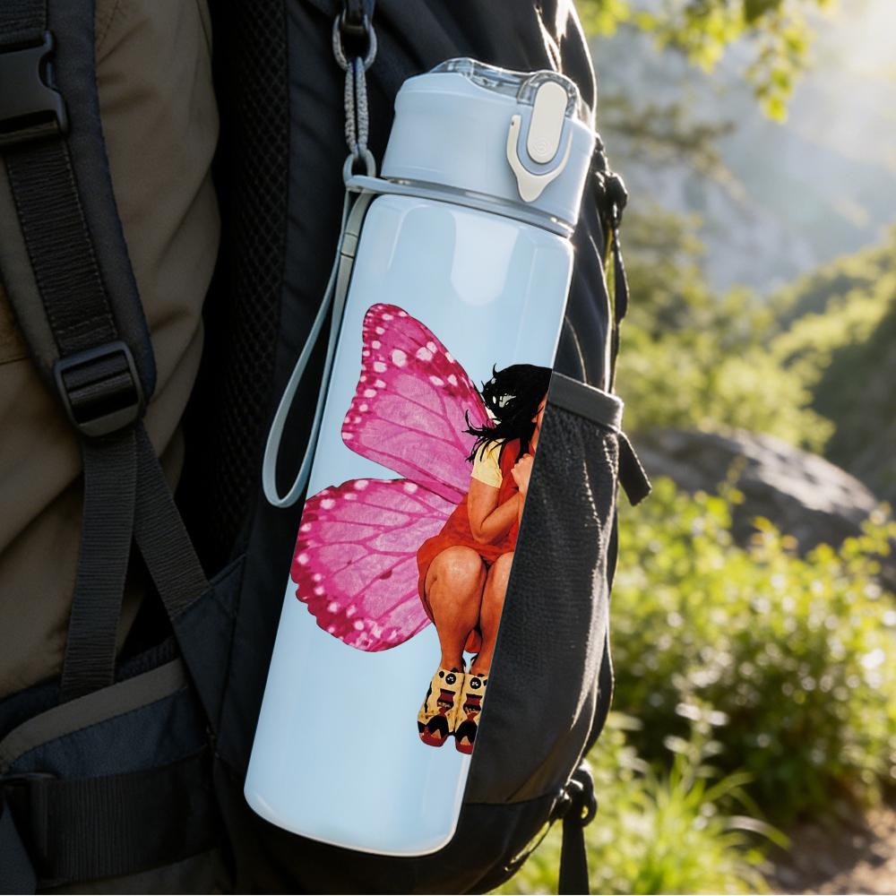 1PC Pink Butterfly Lady Retro Fashion Print 750ml Portable Sports Water Bottle Leakproof Gym Outdoor Travel Drink Cup