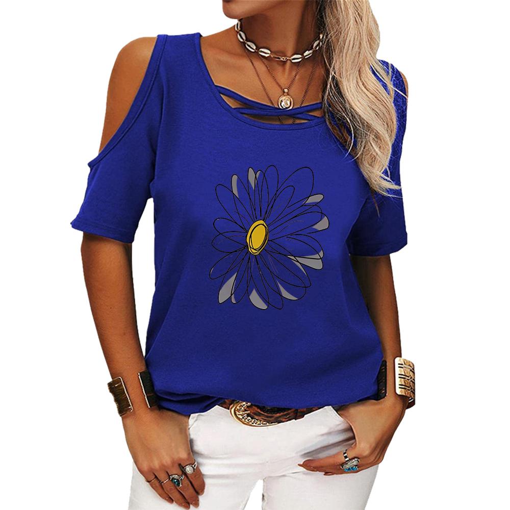Women Fashion Off Shoulder Top Summer Print Short Sleeved Tee Shirt Ladies Casual Round Collar T-shirt