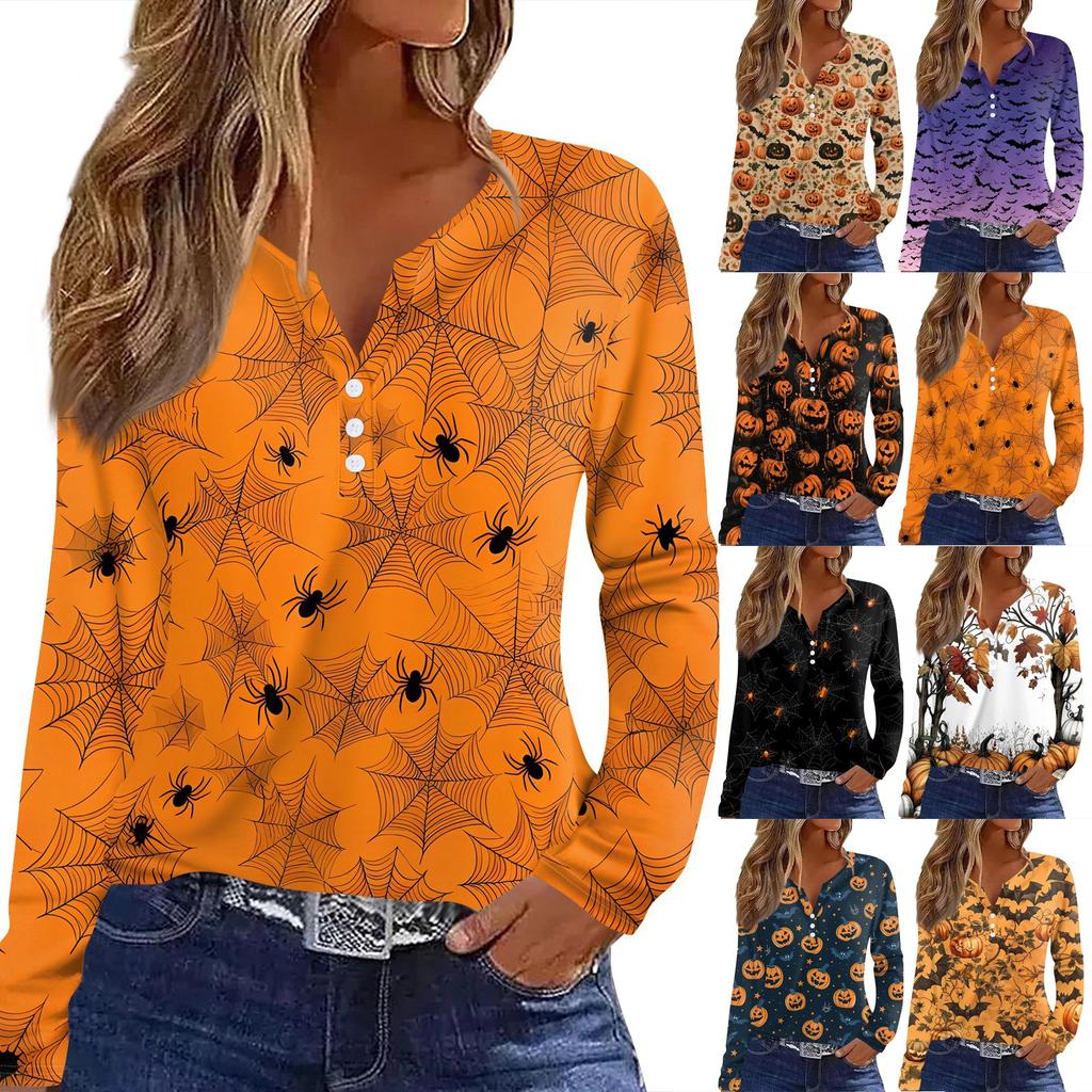 Women's T Shirt Tee HAlloween Print Button Long Sleeve Daily Weekend Fashion Basic V- Neck Regular Top