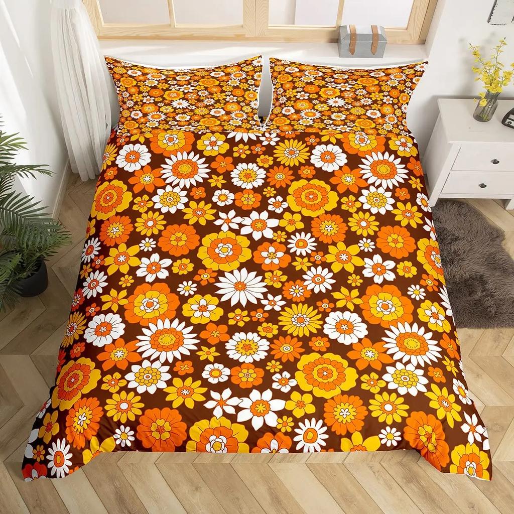 Hippie Flower Duvet Cover Set Boho Mandala Bedding Set Microfiber Groovy Flowers Comforter Cover King for Girls Women Room Decor