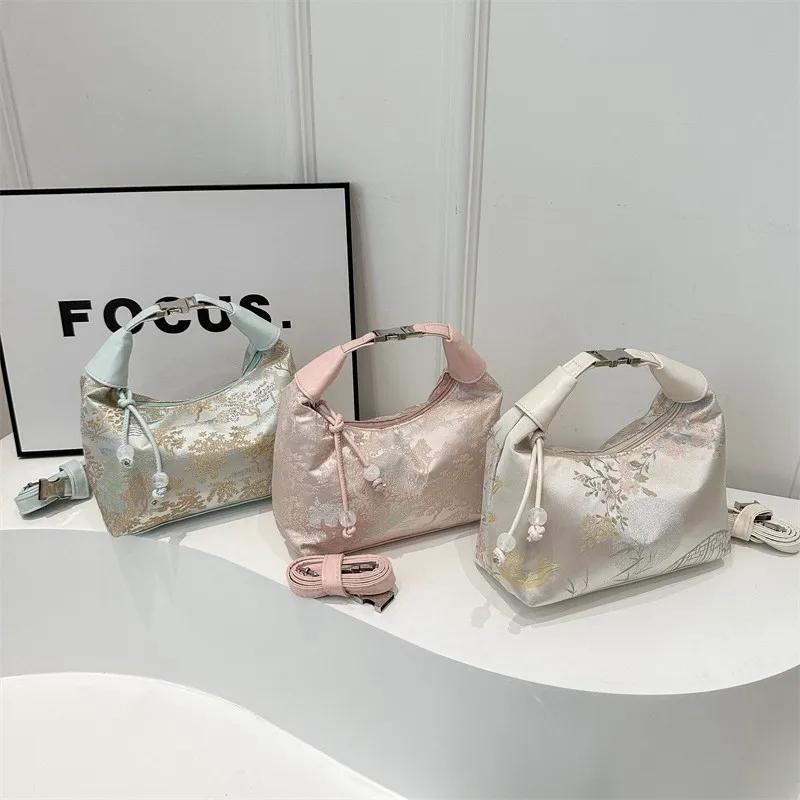 Sweet Embroidery Shoulder Bag Nylon Texture Pearl Pendant Crossbody Bag Small Bucket Handbag Women Canvas Luxury Cheongsam Bag