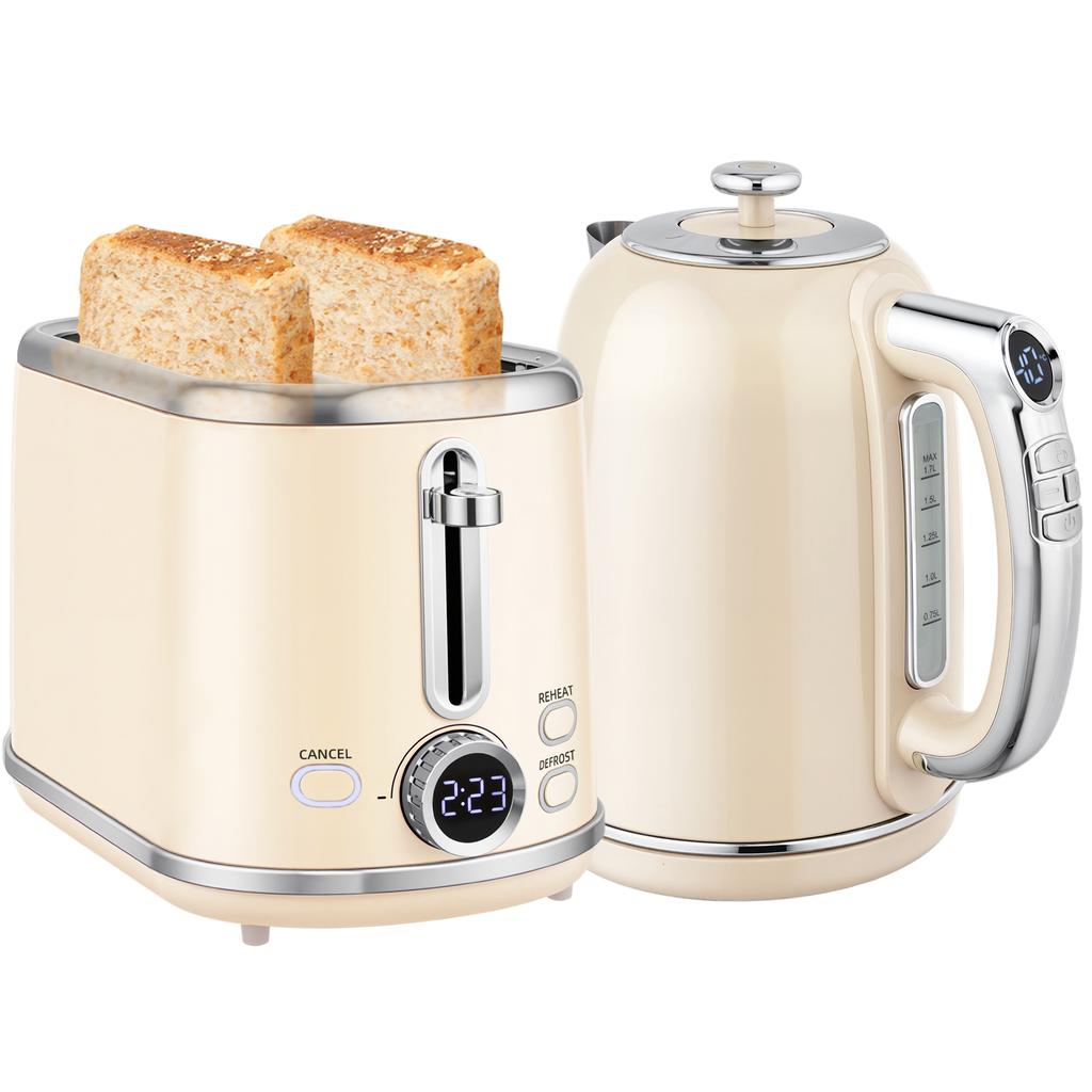 Polished Retro 40-100 Degrees C Kettle and Toaster Set - Cream