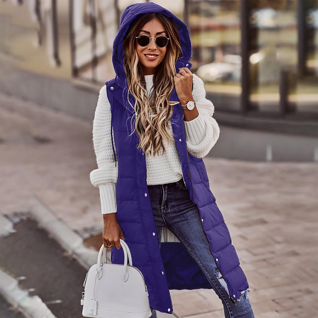 Womens Ladies Warm Plus Size Solid Color Hooded Single Breasted Medium Length Cotton Jacket Waistcoat Slim Cardigan Coat