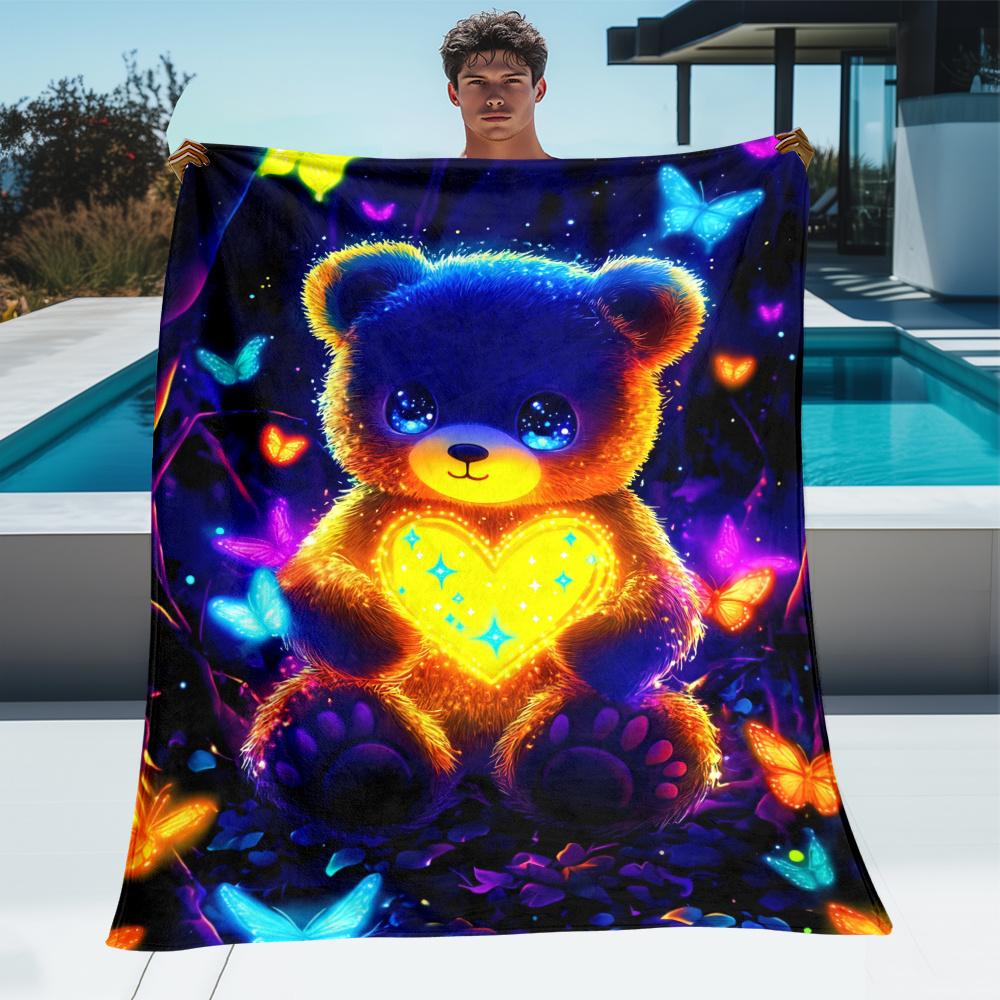 Glowing Bear Heart Butterfly Fleece Blanket Soft Flannel Throw Bedding Gift for Kids Teenagers Animal Lover Home Decoration Art