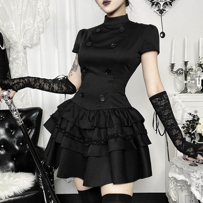 Black Gothic High Neck Slim Fit Short Dress Halloween Party Streetwear Teen Girl