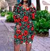 Women Plus Size V Neck Long Sleeve Floral Printed Red Pink Fitted Dress