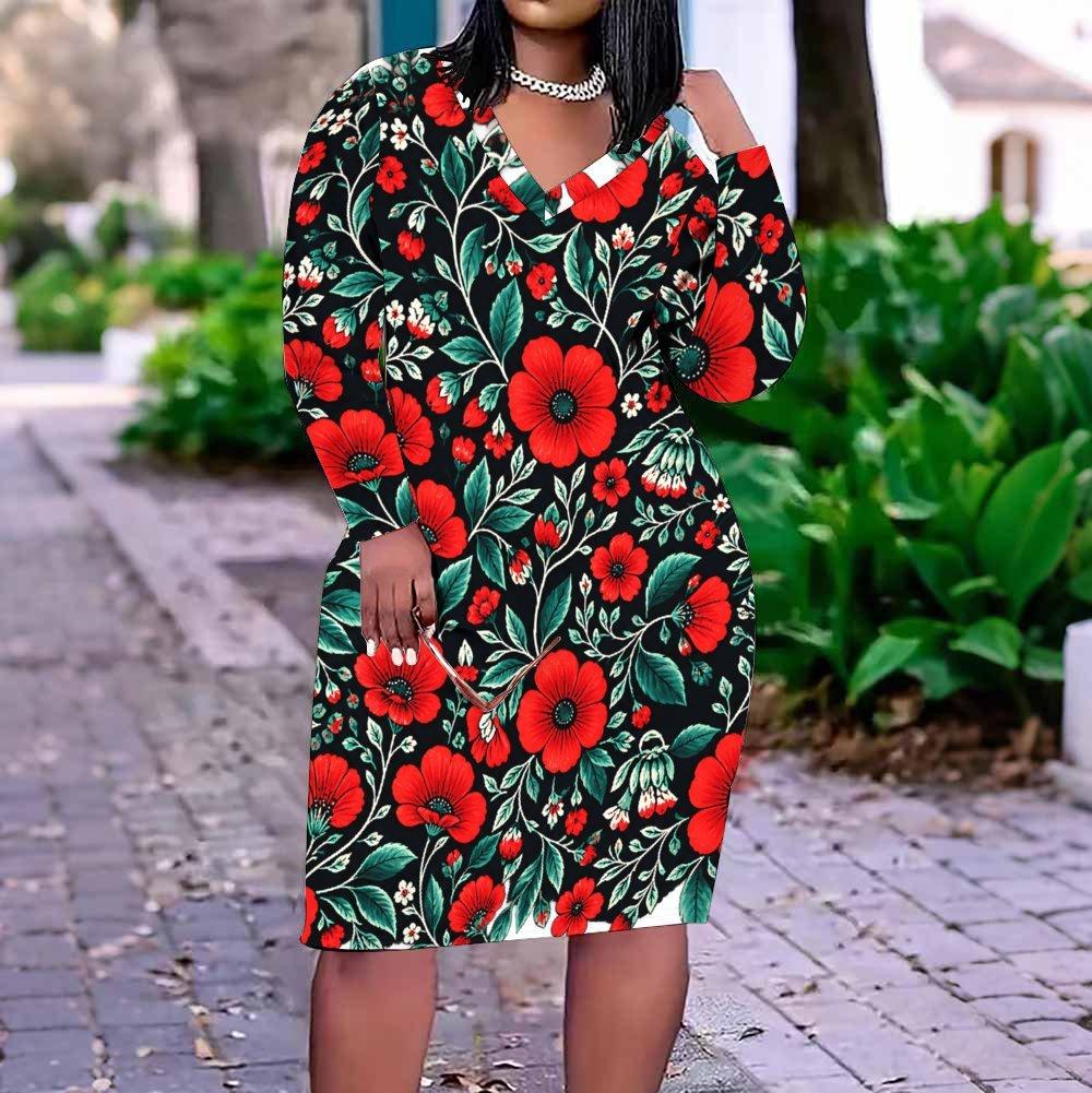 Women Plus Size V Neck Long Sleeve Floral Printed Red Pink Fitted Dress