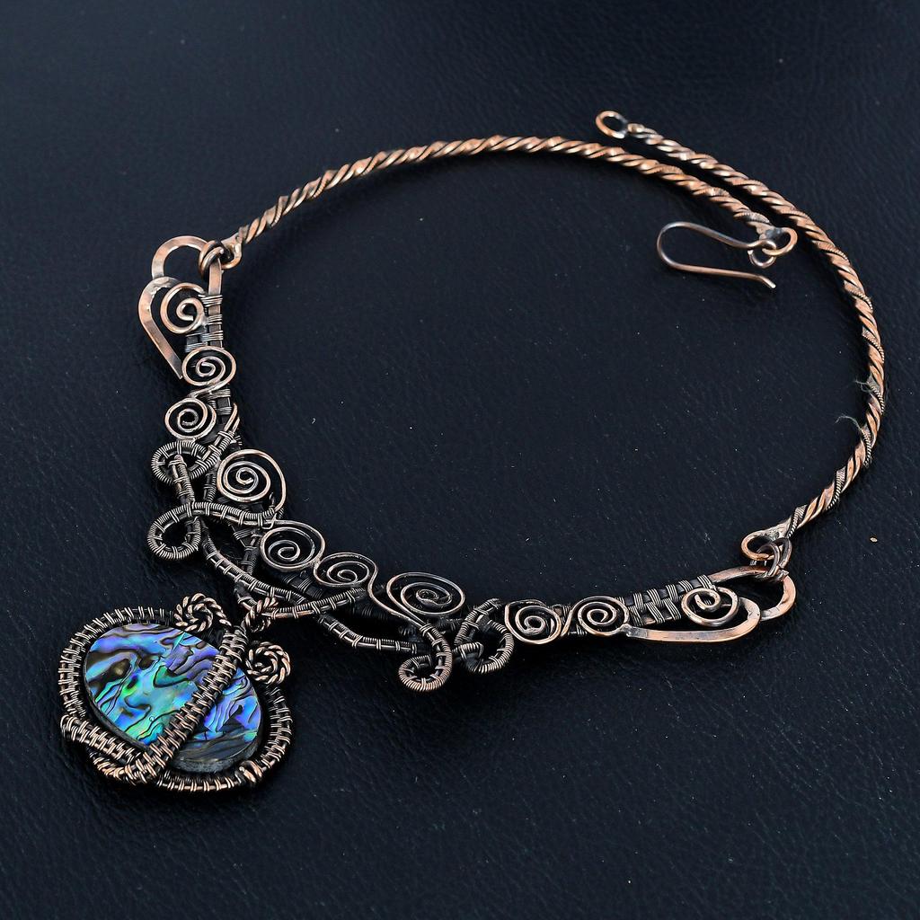 Abalone Shell Necklace 999 Copper Wire Wrapped Adjustable Chain Necklace Gift For Women, Handmade Gemstone Jewelry Necklace