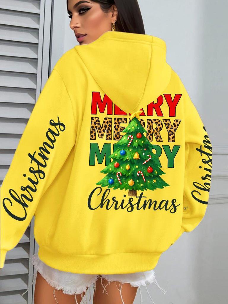 Merry Christmas Green Tree Print Women's Y2K Autumn Pocket Hoodie