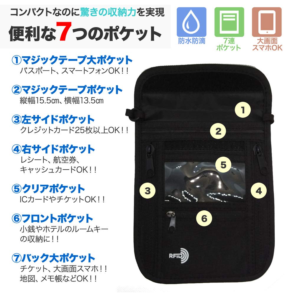 Passport Hanging Around the Security Passport 7 Nylon [GetWing] Case, Neck, Anti-Skimming, Pouch, Cover, Lightweight, Compact, Pockets, Black,