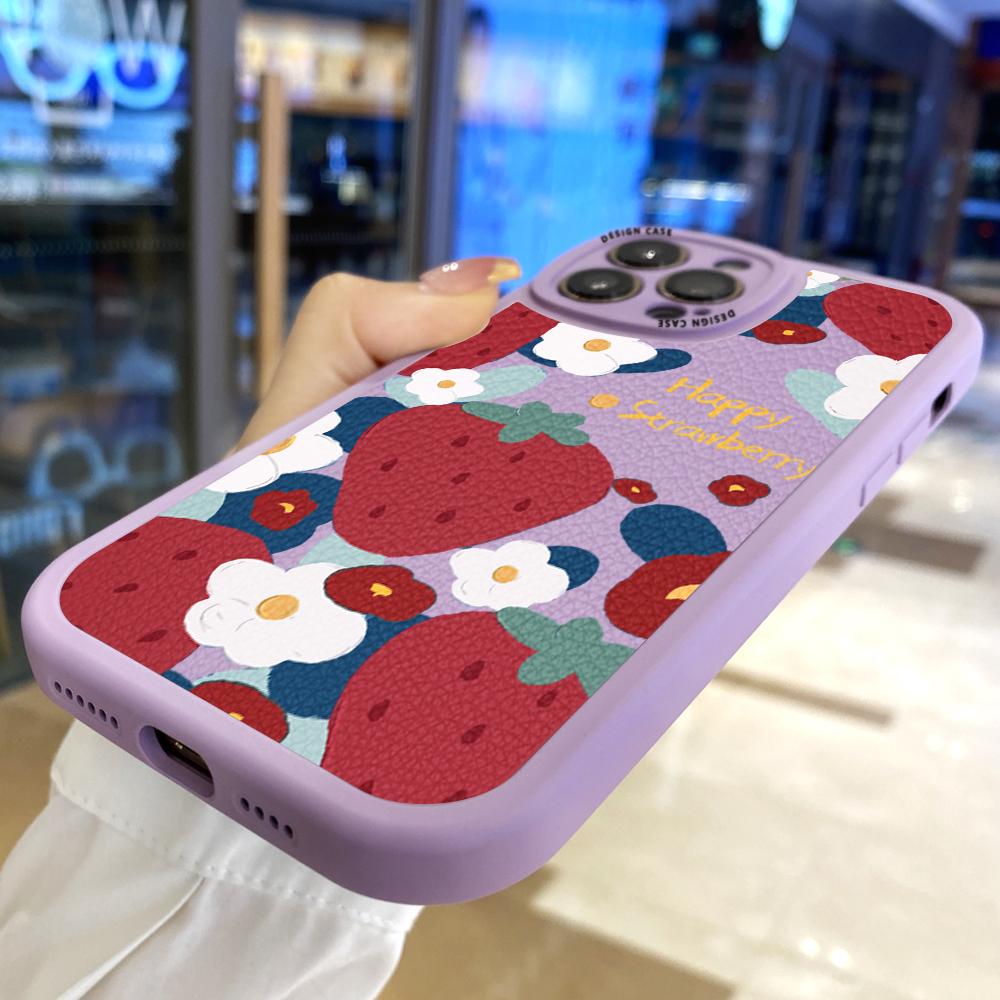 Slim Skin Feeling Cartoon Flower Strawberry Soft Silicone PU Leather Cover Phone Case for iPhone Samsung Huawei Honor Xiaomi Redmi OPPO Realme Vivo