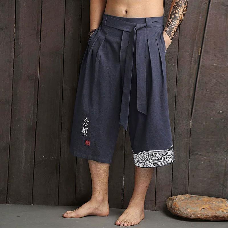 Chinese Style Retro Embroidered Straight Wide-leg Pants Men's Wide-leg Pants Cotton and Linen Cropped Pants Loose Summer Casual Pants
