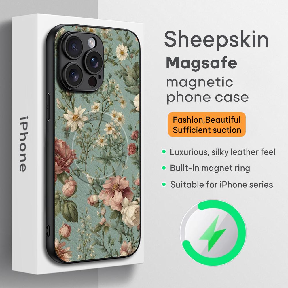 Art Retro floral pattern painting design Phone Case For iPhone 16 15 14 13 12 11 Plus Pro Max High-end Luxury Magsafe Sheepskin