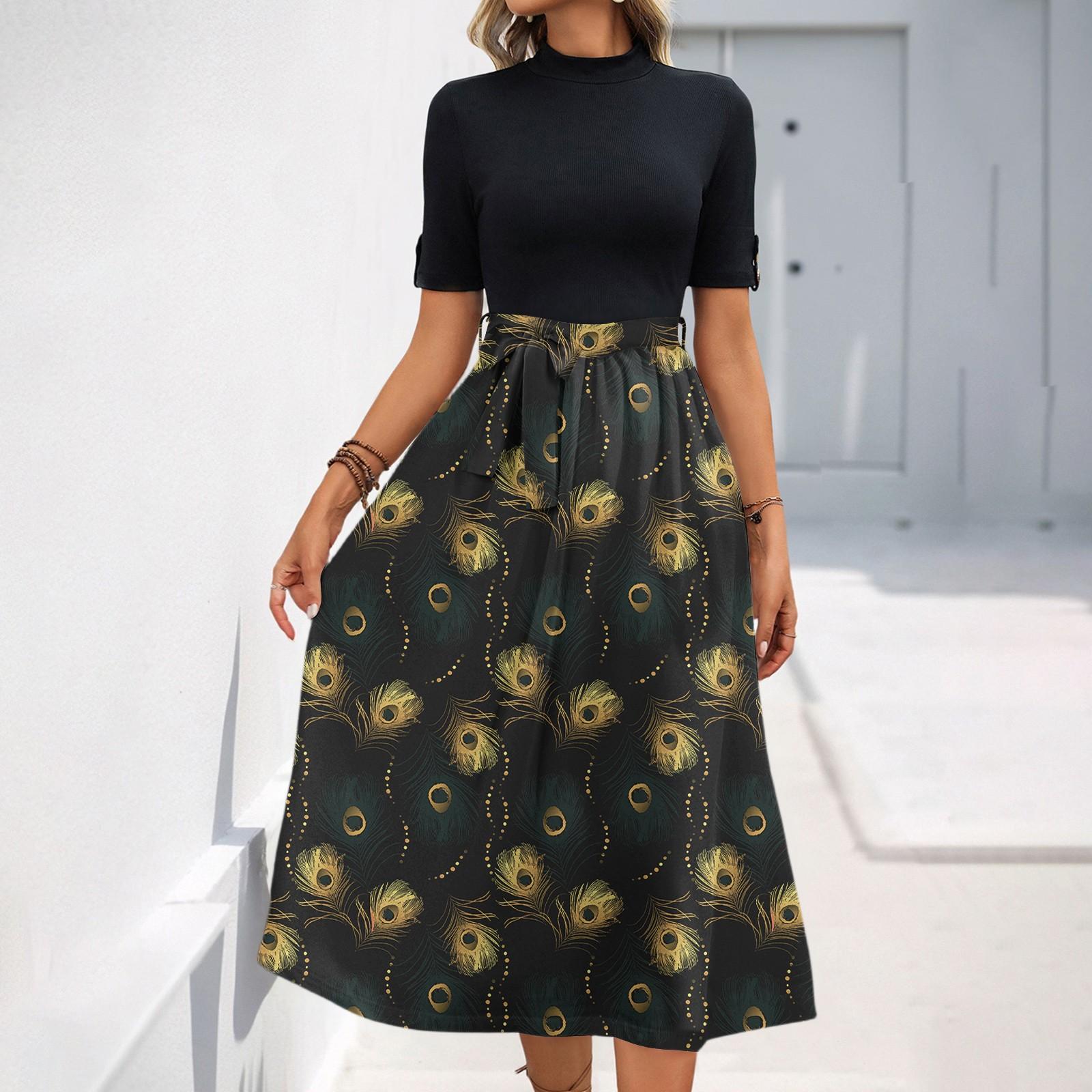 

Женское модное повседневное платье с коротким рукавом и круглым вырезом с цветочным принтом и элегантным темпераментом M чёрный