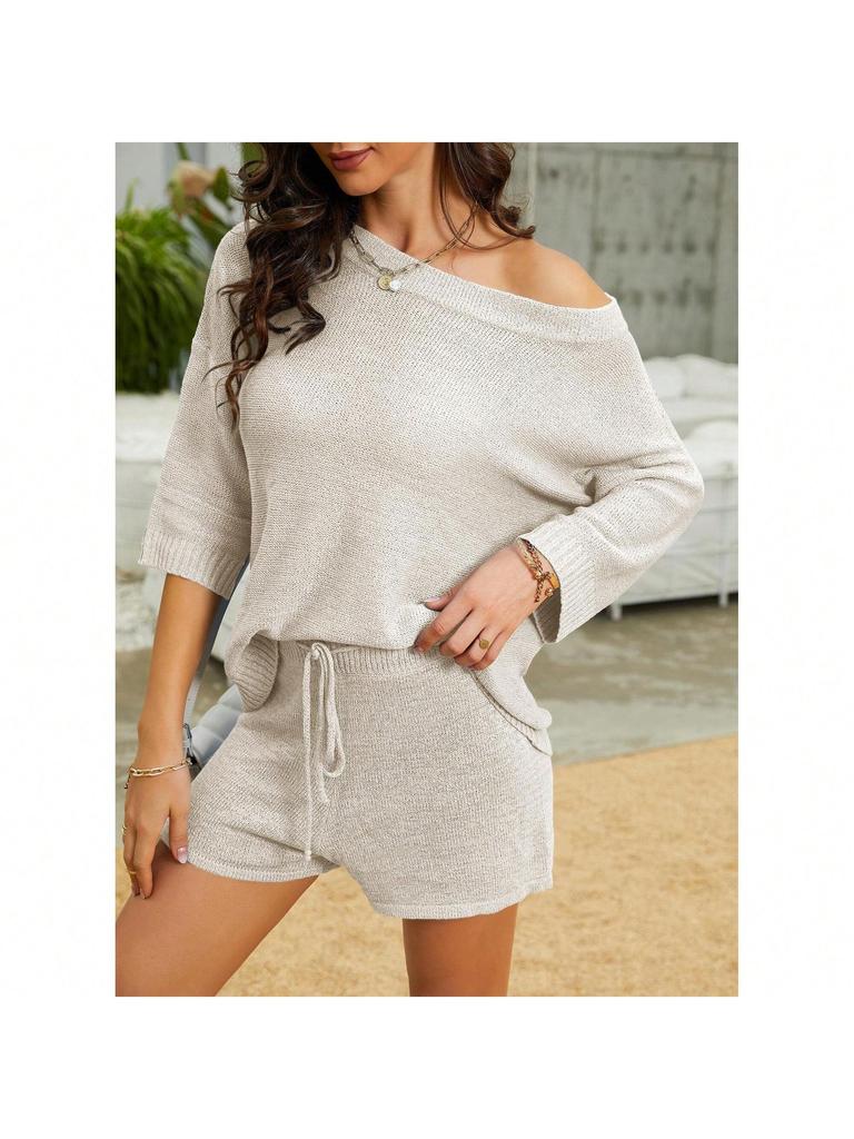 Women's Two Piece Knit Lounge Set Off Shoulder Top and Shorts Matching Cute Pajama Outfit