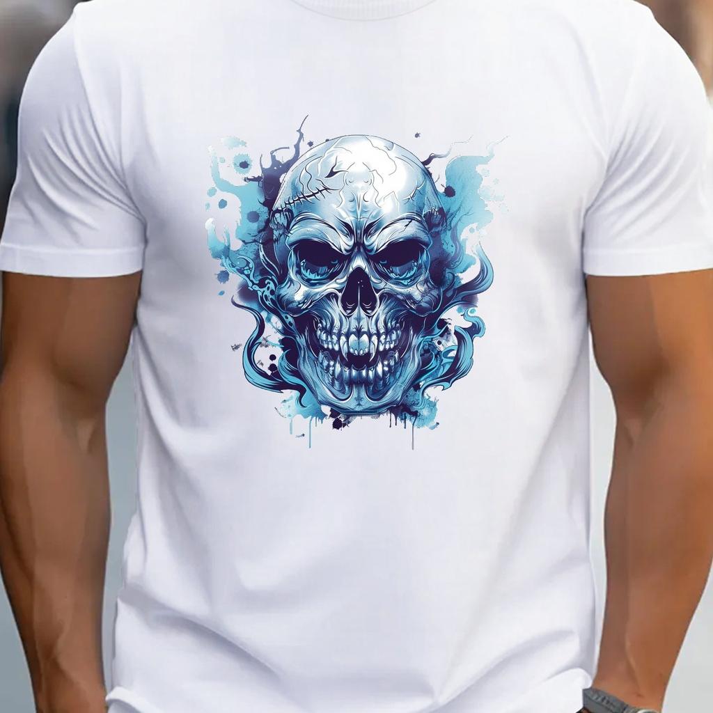 Icy Blue Skull Graphic Print Mens Cotton TShirt Round Neck Casual Short Sleeve Tee