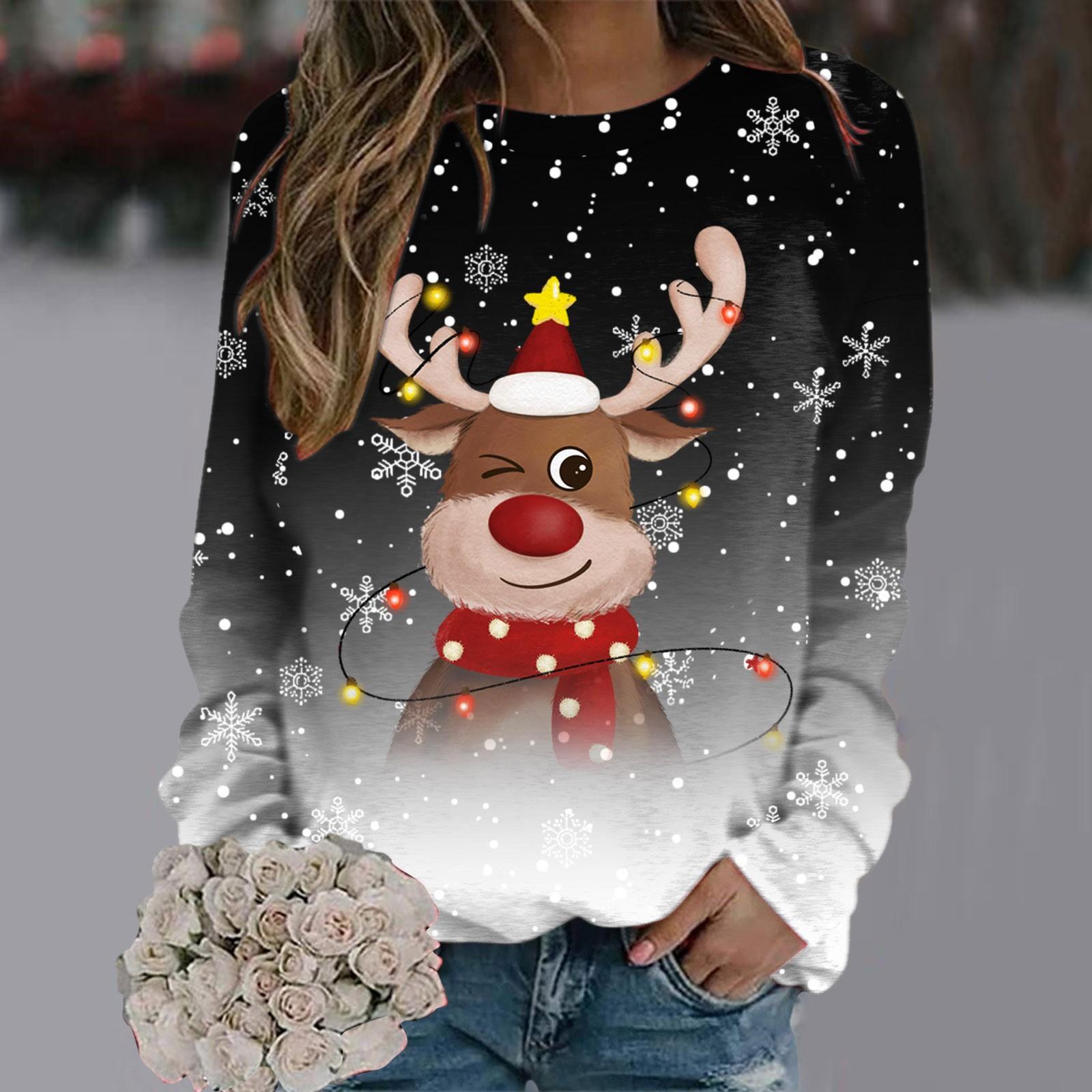 

Різдвяний пуловер для жінок і дівчаток. Новорічний світшот з візерунком сніжинки та голови оленя. XL