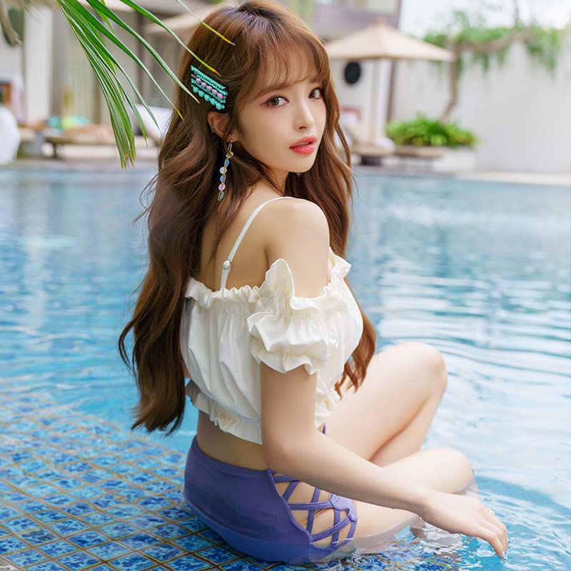 Ruffles [88flix] Swimsuit, Korean, Off-the-shoulder, Body-covering, Separate, High-waisted, Women's, (M)