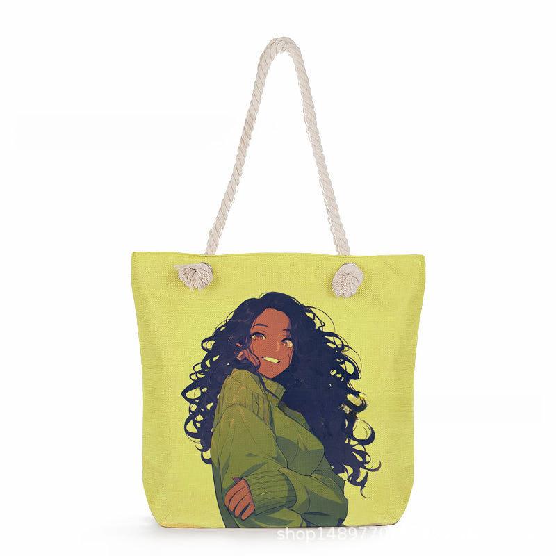 Multifunctional Black Girl Printed Thick Rope Shoulder Beach Bag 7577