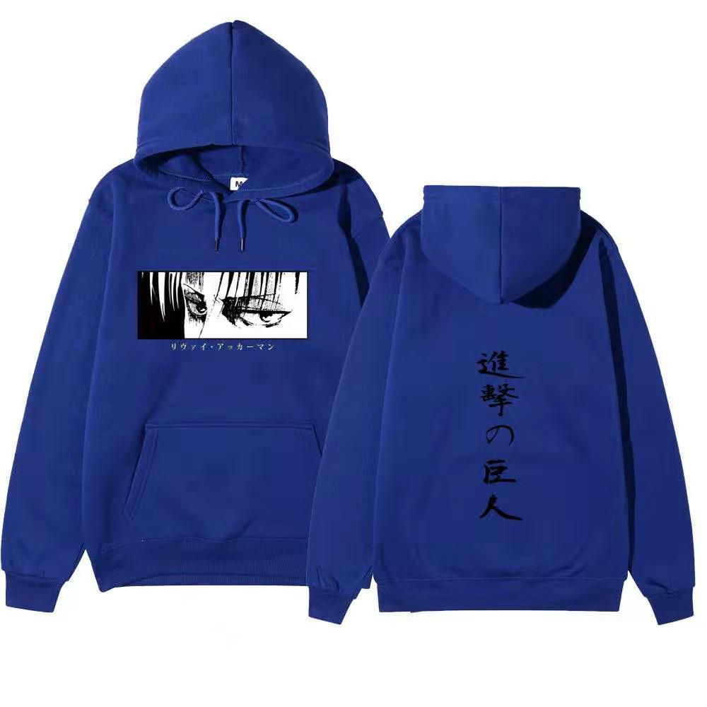 Attack On Titan Levi Ackerman Hoodie Unisex Fleece Sweatshirt Front Manga Eyes Print, Back Japanese Text, Autumn Winter Casual Pullover