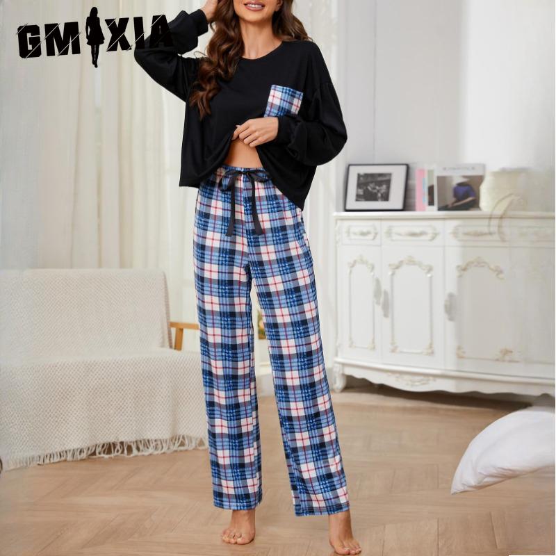 

GMXIA Пижама женская весенне-осенняя тонкая секция с длинным рукавом, клетчатые брюки с принтом, костюм для дома XL синий/чёрный