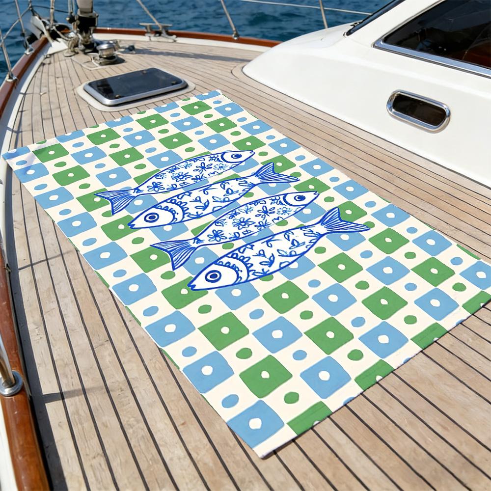 Mediterranean Fish Beach Towel – Oversized Quick Dry Sand Free with Blue & Green Geometric Print