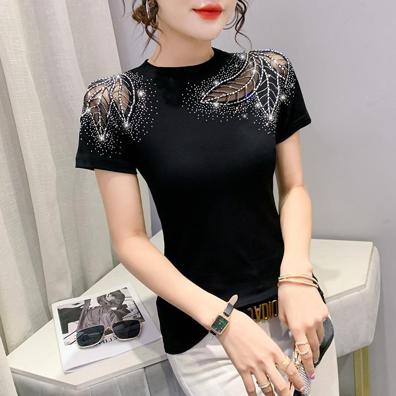 2024 Women's Slim Fit Lace Hollow Diamond Tee - Short-Sleeved, Round Neck Fashion for Spring/Summer