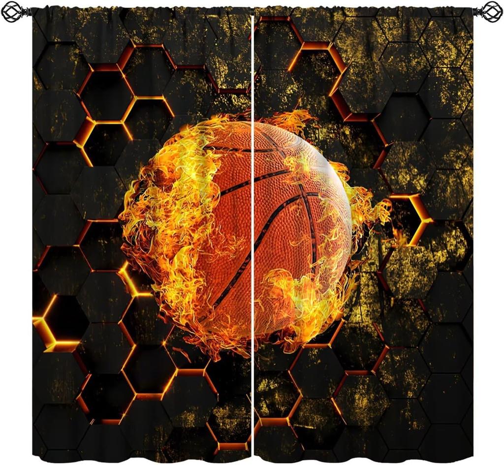 Rustic Basketball Curtain Vintage Texture Traditional Sport Print Window Curtains Kids Boys Teens With Rod Pocket Polyester