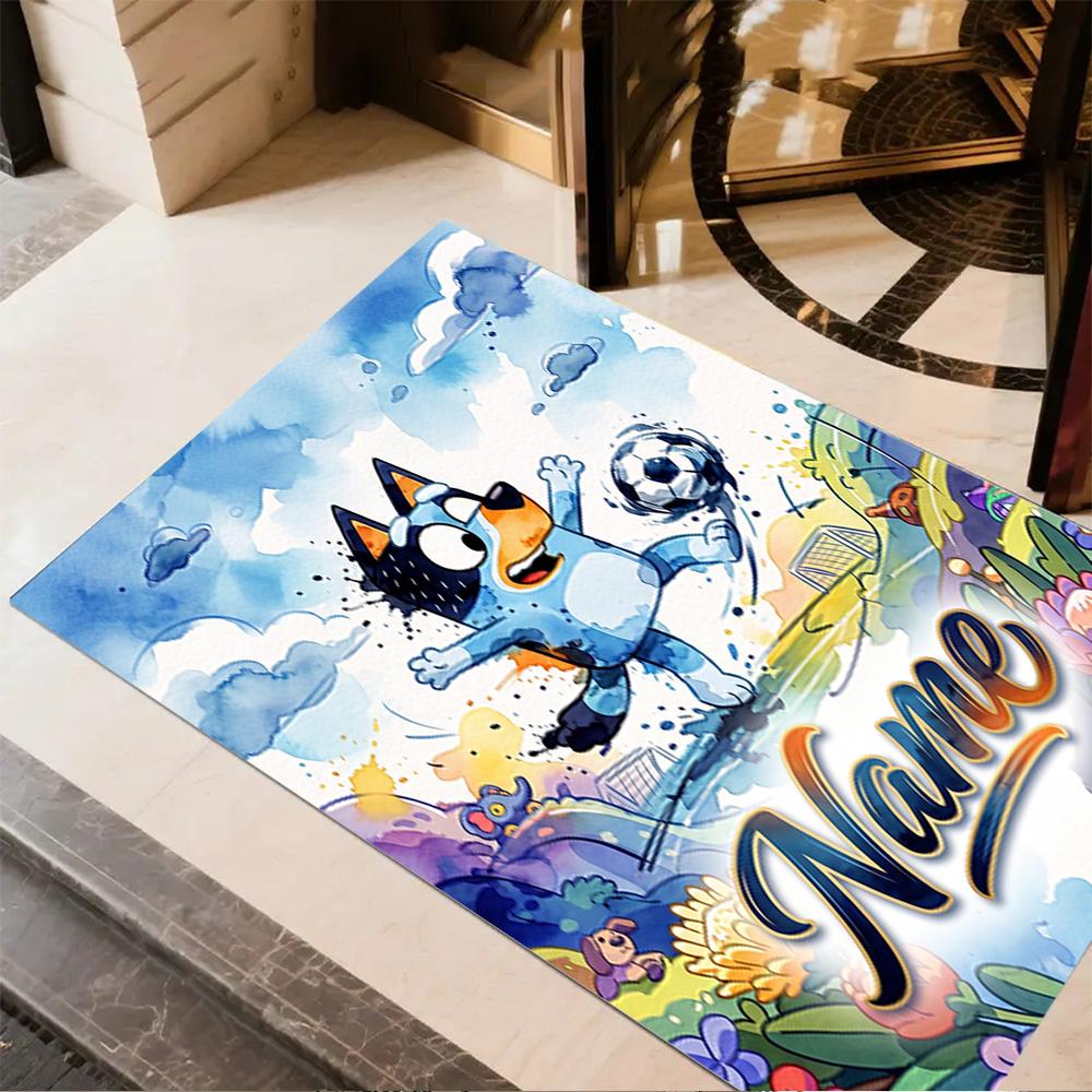 Bluey Soccer Adventure Personalized Text Floor Mat Perfect for Entryway Outdoor Playrooms Dining Room Antislip Carpet Decorate Offices