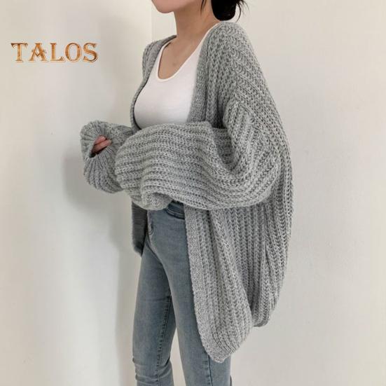 Pullovermantel für Damen, V-Ausschnitt, Laterne, lange Ärmel, offener Strickmantel, einfarbig, lässige Strickmode für den Alltag