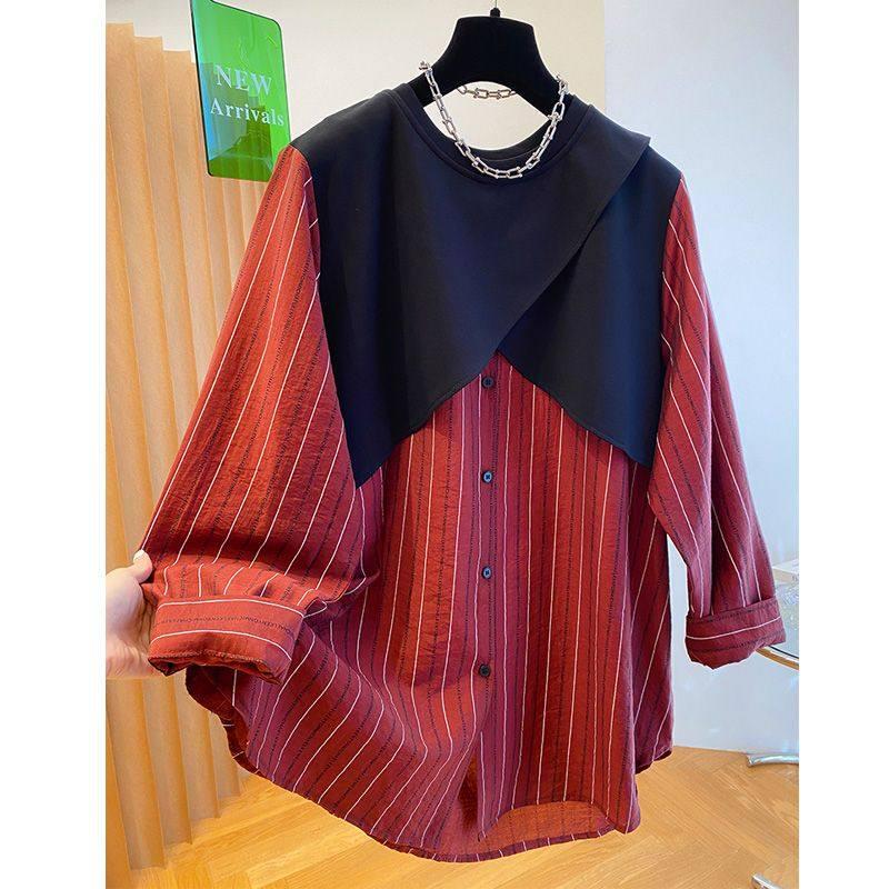2026 Fall Korean Chic Patchwork Stripe Plus Size Long Sleeve Round Neck Women s Top 3XL красный