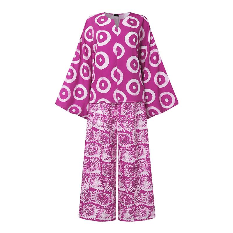 

VONDA 2PCS Women Print Long Sleeve Blouse and Pants Casual Two Piece Sets 5XL темно-розовый