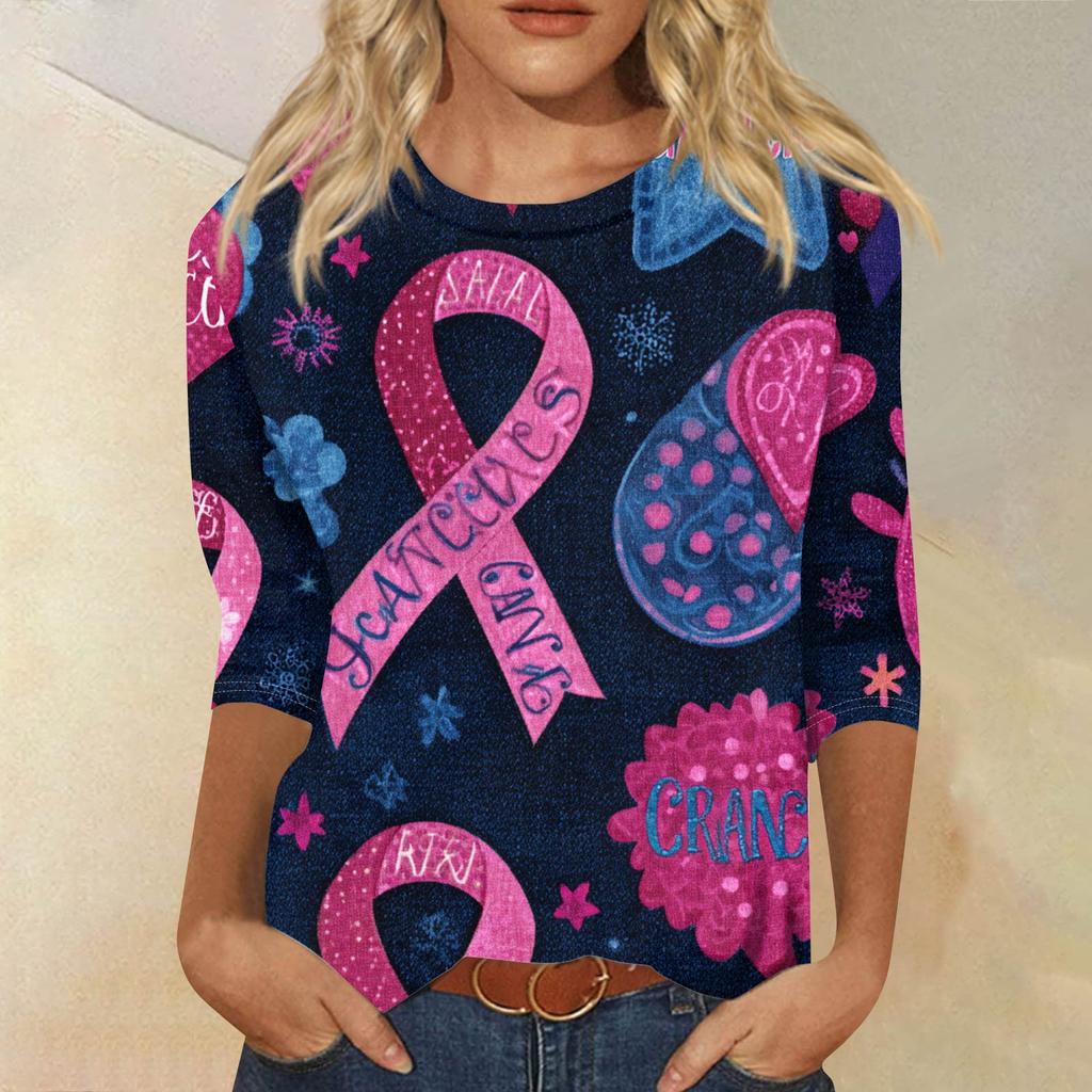 Dámské módní ležérní tričko s potiskem, kulatým výstřihem a sedmidílným rukávem, volného střihu