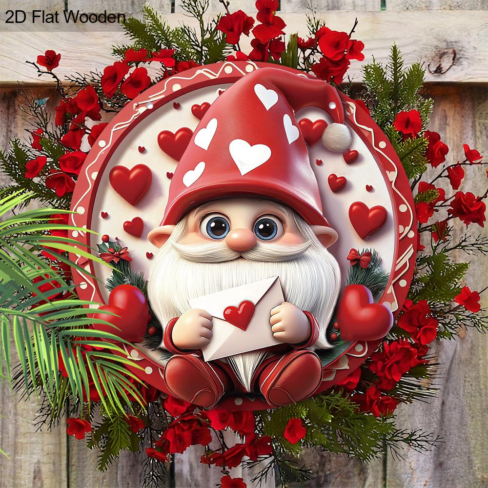Valentine's Day Gnome with Love Letter Wooden Sign, Round Front Door Decor, Heart-Themed Wall Hanging - Ideal Romantic Gift