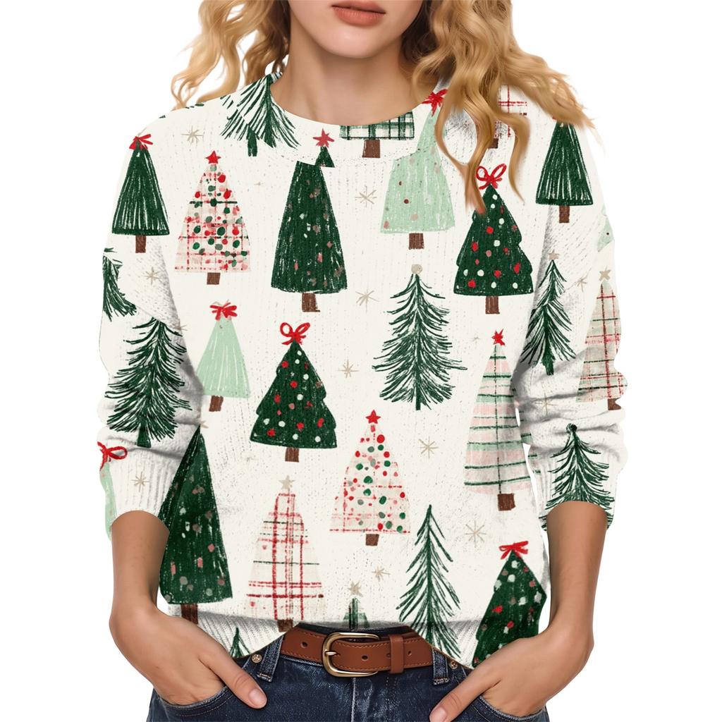 Women's Soft Christmas Print Crewneck Long Sleeve Sweater for Fall and Winter