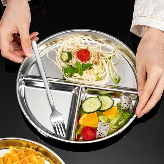Prato redondo para alimentos com bordas espessas de qualidade alimentar, aço inoxidável, 3 compartimentos, bandeja para refeições, utensílios de cozinha
